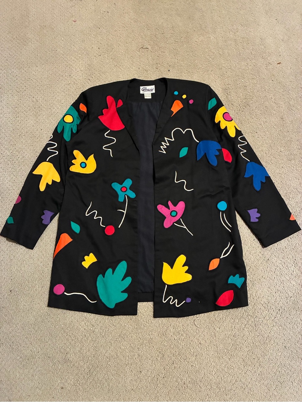 Girasol vintage Black Floral Appliqué Open Blazer Jacket - Multicolor